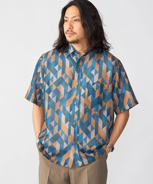 セール】SHIPS: メッシュ プリント レギュラーカラー ショートスリーブ