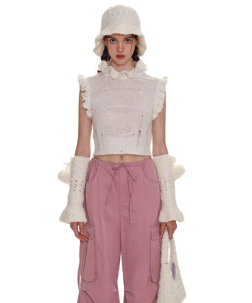 Moromoro2（モロモロ）の「ダメージニット フリル タンクトップ BX4120【Moromoro2】（タンクトップ・レディース・ホワイト・L）」の3枚目の写真