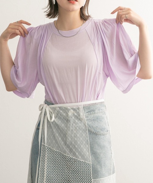 tシャツ シアーフリルスリーブ切替Tシャツ レディース KOBE LETTUCE Tシャツ シアー レース パフスリーブ フリル 袖