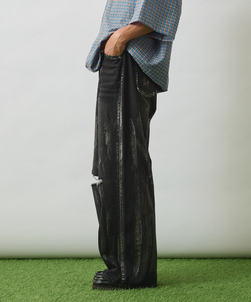 オリジナルペイント入りダメージデニムパンツ セール】SILVER PAINT DAMAGE DENIM PANTS /シルバーペイント