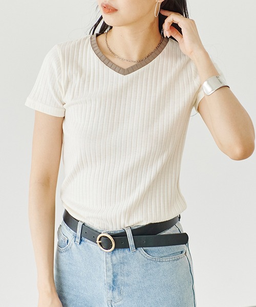 Fizz（フィズ）の「【Fizz/フィズ】　配色ワイドリブ　Vネック半袖プルオーバー（Tシャツ/カットソー・レディース・アイボリー/ブラウン/杢グレー/ベージュ/サックスブルー/ブラック・L/M）」の2枚目の写真