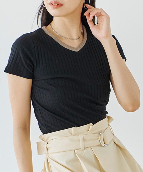 Fizz（フィズ）の「【Fizz/フィズ】　配色ワイドリブ　Vネック半袖プルオーバー（Tシャツ/カットソー・レディース・アイボリー/ブラウン/杢グレー/ベージュ/サックスブルー/ブラック・L/M）」の7枚目の写真