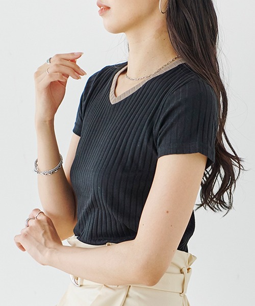 Fizz（フィズ）の「【Fizz/フィズ】　配色ワイドリブ　Vネック半袖プルオーバー（Tシャツ/カットソー・レディース・アイボリー/ブラウン/杢グレー/ベージュ/サックスブルー/ブラック・L/M）」の8枚目の写真
