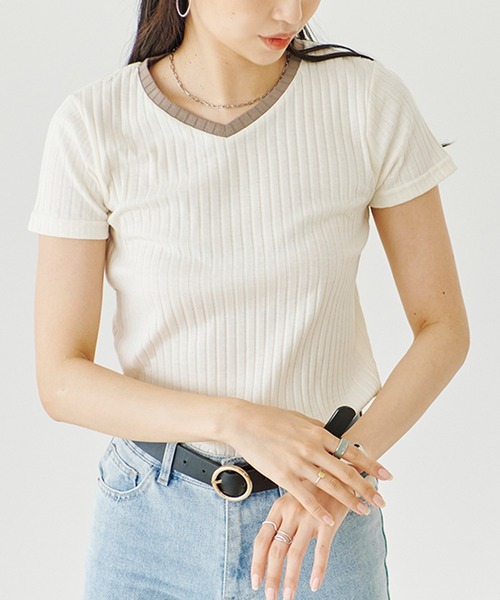 Fizz（フィズ）の「【Fizz/フィズ】　配色ワイドリブ　Vネック半袖プルオーバー（Tシャツ/カットソー・レディース・アイボリー/ブラウン/杢グレー/ベージュ/サックスブルー/ブラック・L/M）」の10枚目の写真