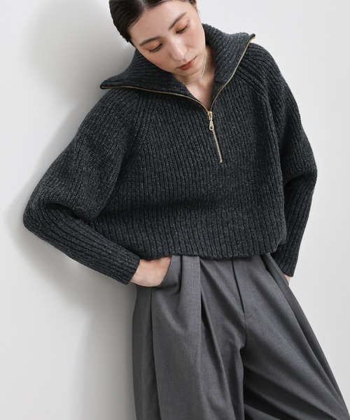 select MOCA（セレクトモカ）の「【新色追加】メランジハーフジップラメニットトップス（ニット/セーター・レディース・グレー/ブルーグリーン/ベージュ/ブラウン/ブラック・FREE）」の2枚目の写真