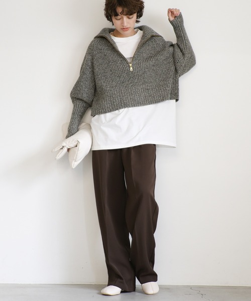 select MOCA（セレクトモカ）の「【新色追加】メランジハーフジップラメニットトップス（ニット/セーター・レディース・グレー/ブルーグリーン/ベージュ/ブラウン/ブラック・FREE）」の6枚目の写真