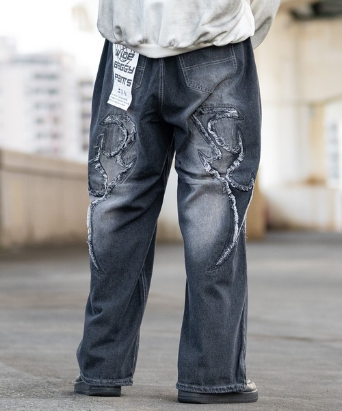 【honey】 basquiat アートワークデザインデニムパンツ セール】【13】カットオフモチーフ バギーデニムパンツ（デニムパンツ