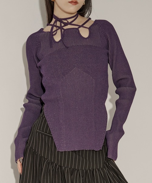 Ezick（エジック）の「2way code neckイレリブ配色ニット（ニット/セーター・レディース・ブラック/ボルドー/グレー/ネイビー/パープル/ワインレッド/パープル系その他・FREE）」の6枚目の写真