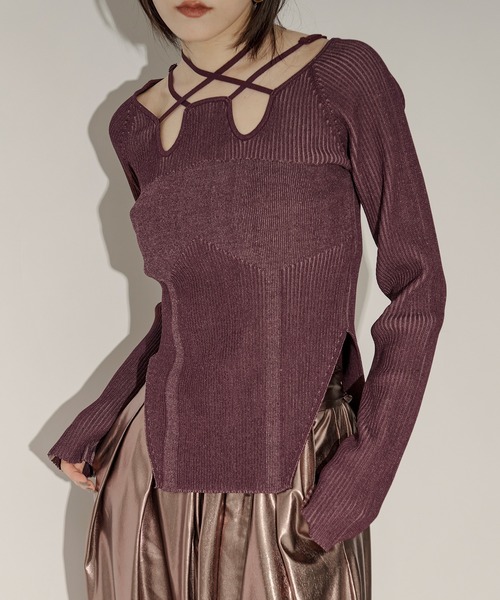 Ezick（エジック）の「2way code neckイレリブ配色ニット（ニット/セーター・レディース・ブラック/ボルドー/グレー/ネイビー/パープル/ワインレッド/パープル系その他・FREE）」の7枚目の写真