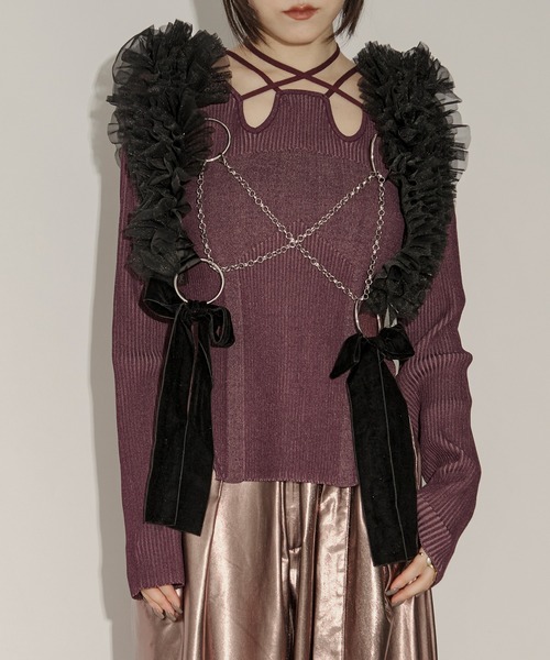 Ezick（エジック）の「2way code neckイレリブ配色ニット（ニット/セーター・レディース・ブラック/ボルドー/グレー/ネイビー/パープル/ワインレッド/パープル系その他・FREE）」の21枚目の写真