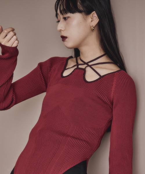 2way code neckイレリブ配色ニット（ニット/セーター）｜Ezick