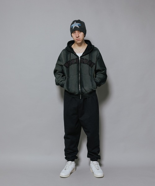 WOKE EDGE ブラックパーカー フルジップ オーバーサイズ WOKE EDGE/ウォークエッジ Faded Embroidery Zip Up Hoodie