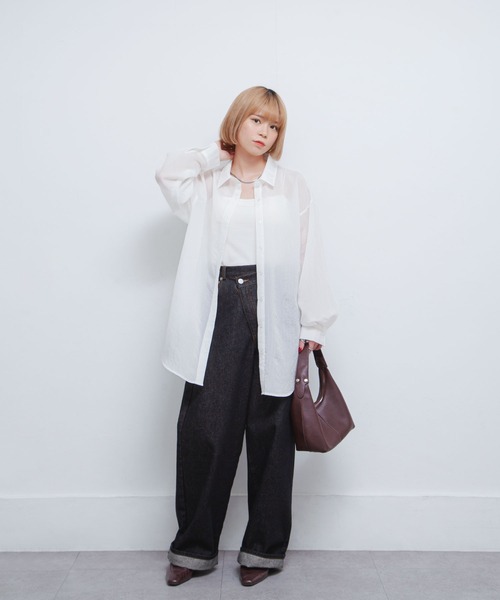 Chillfar（チルファー）の「シアーストライプシャツ（シャツ/ブラウス・レディース・グレー/オフホワイト/ピンク/ネイビー/パープル/イエロー・FREE）」の12枚目の写真