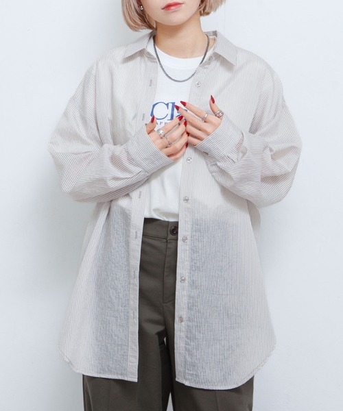 Chillfar（チルファー）の「シアーストライプシャツ（シャツ/ブラウス・レディース・グレー/オフホワイト/ピンク/ネイビー/パープル/イエロー・FREE）」の15枚目の写真