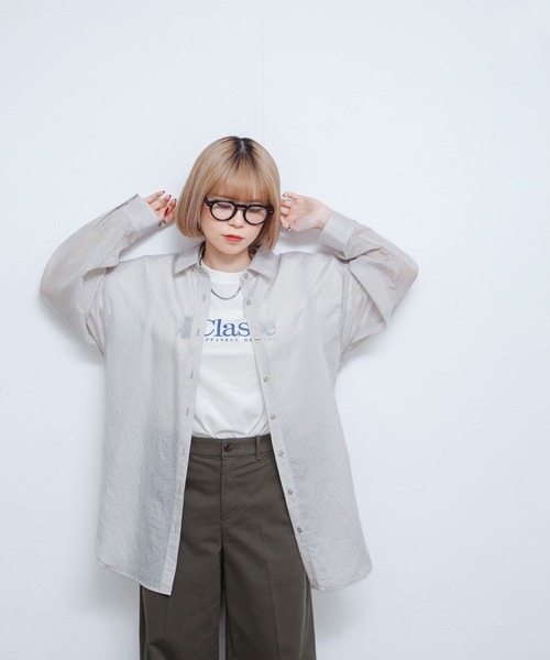 Chillfar（チルファー）の「シアーストライプシャツ（シャツ/ブラウス・レディース・グレー/オフホワイト/ピンク/ネイビー/パープル/イエロー・FREE）」の21枚目の写真