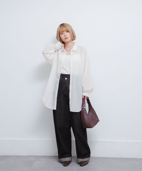 Chillfar（チルファー）の「シアーストライプシャツ（シャツ/ブラウス・レディース・グレー/オフホワイト/ピンク/ネイビー/パープル/イエロー・FREE）」の13枚目の写真