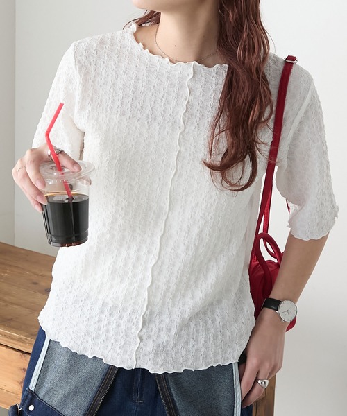 BONLECILL(ボンルシール)の「2wayフラワージャガードウェーブメロウT(Tシャツ/カットソー・レディース・ピンク/ミント/キナリ/オフホワイト/ブラック/ブルー/ライトピンク・FREE)」の8枚目の写真