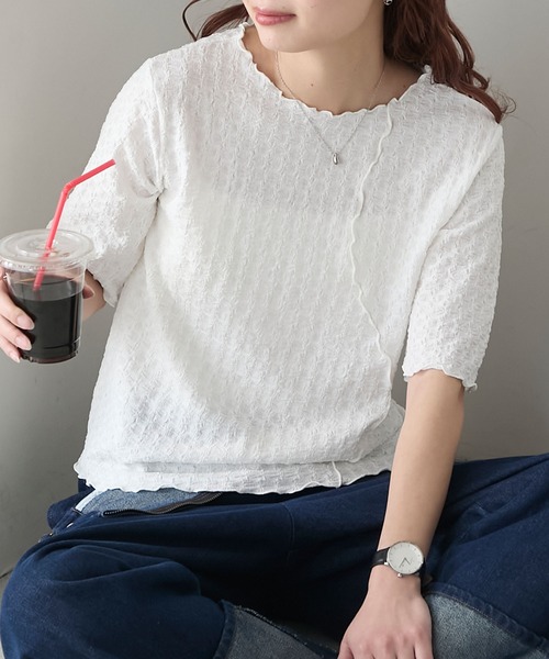 BONLECILL(ボンルシール)の「2wayフラワージャガードウェーブメロウT(Tシャツ/カットソー・レディース・ピンク/ミント/キナリ/オフホワイト/ブラック/ブルー/ライトピンク・FREE)」の14枚目の写真