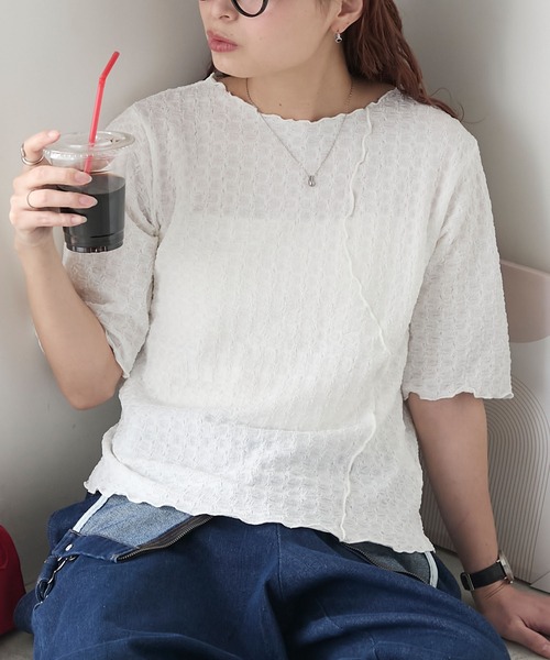 BONLECILL(ボンルシール)の「2wayフラワージャガードウェーブメロウT(Tシャツ/カットソー・レディース・ピンク/ミント/キナリ/オフホワイト/ブラック/ブルー/ライトピンク・FREE)」の15枚目の写真