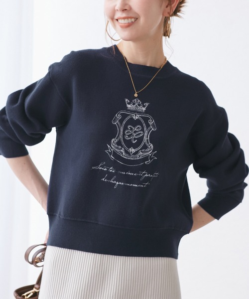 セール】スウェットライク刺繍ニットプルオーバー/リンクコーデ