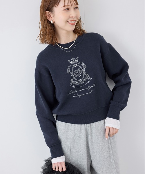 スウェットライク刺繍ニットプルオーバー/リンクコーデ（ニット