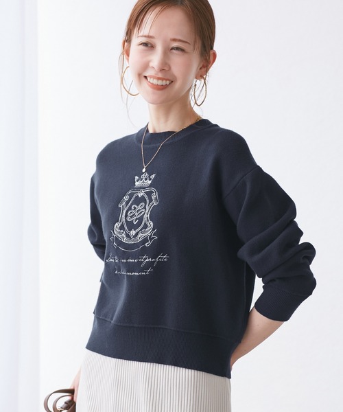 スウェットライク刺繍ニットプルオーバー/リンクコーデ（ニット