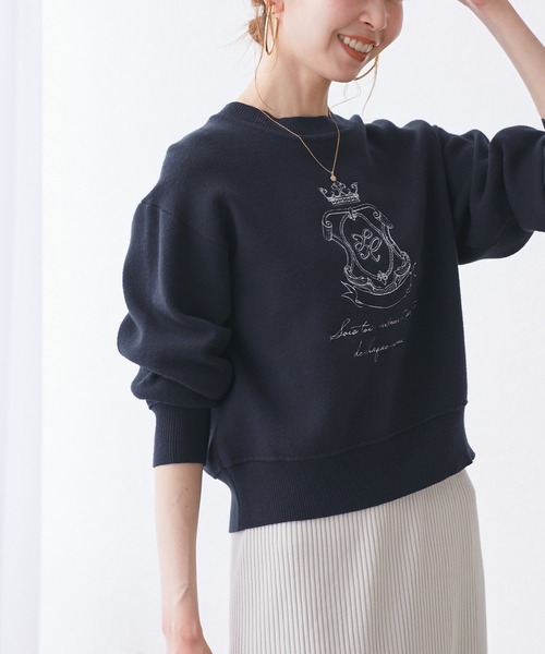 スウェットライク刺繍ニットプルオーバー/リンクコーデ（ニット