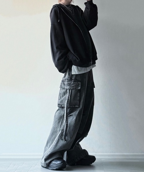 コットン400g】ヴィンテージ加工フリンジ ワイドアームスウェットプル