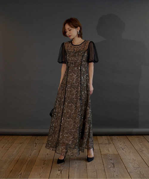 My shawty（ﾏｲｼｬｳﾃｨｰ）の「puff sleeve lace dress（ドレス・レディース・ブラック×カーキ/アイボリー・MEDIUM/SMALL）」の4枚目の写真