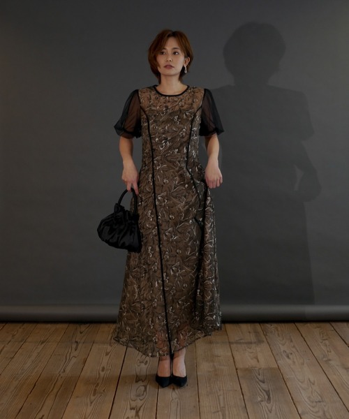 My shawty（ﾏｲｼｬｳﾃｨｰ）の「puff sleeve lace dress（ドレス・レディース・ブラック×カーキ/アイボリー・MEDIUM/SMALL）」の6枚目の写真