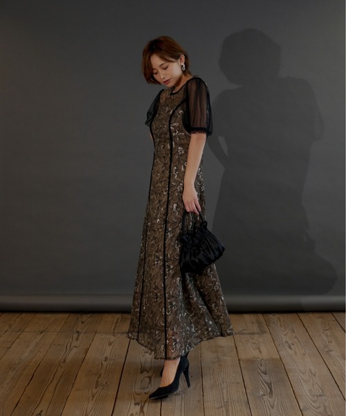 My shawty（ﾏｲｼｬｳﾃｨｰ）の「puff sleeve lace dress（ドレス・レディース・ブラック×カーキ/アイボリー・MEDIUM/SMALL）」の5枚目の写真