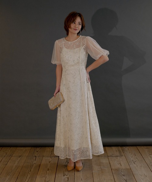 My shawty（ﾏｲｼｬｳﾃｨｰ）の「puff sleeve lace dress（ドレス・レディース・ブラック×カーキ/アイボリー・MEDIUM/SMALL）」の7枚目の写真