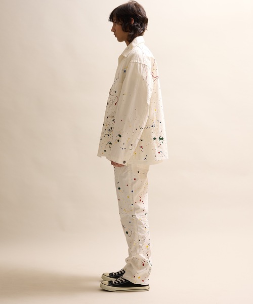 カバーオール白フリーサイズ　アメカジ　チェーンステッチ セール】HAND PAINTED CHAIN STITCH LOGO COVERALL JACKET