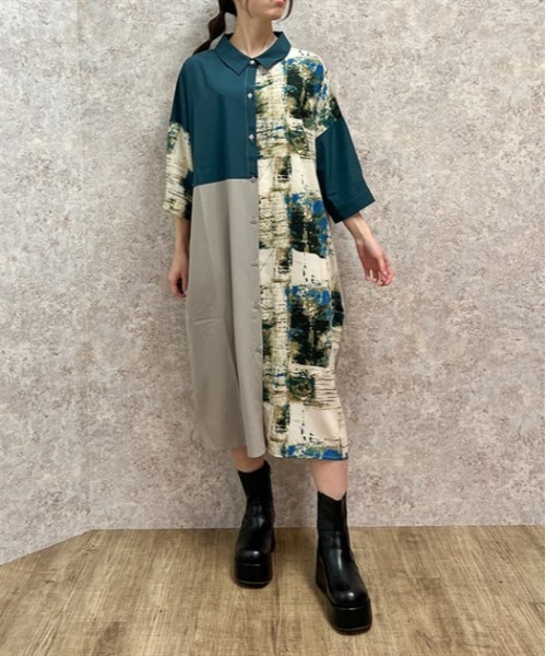 axes femme(アクシーズファム)の「パッチワークシャツワンピース(ワンピース・レディース・ブラック/グリーン・FREE)」の2枚目の写真