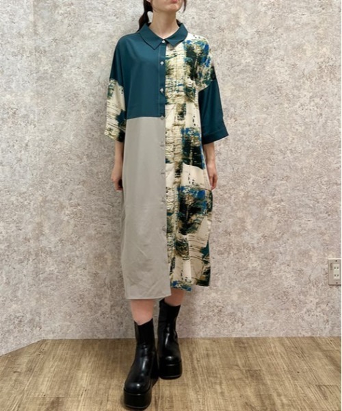 axes femme(アクシーズファム)の「パッチワークシャツワンピース(ワンピース・レディース・ブラック/グリーン・FREE)」の3枚目の写真