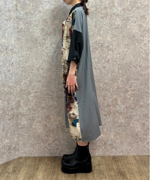 axes femme(アクシーズファム)の「パッチワークシャツワンピース(ワンピース・レディース・ブラック/グリーン・FREE)」の6枚目の写真