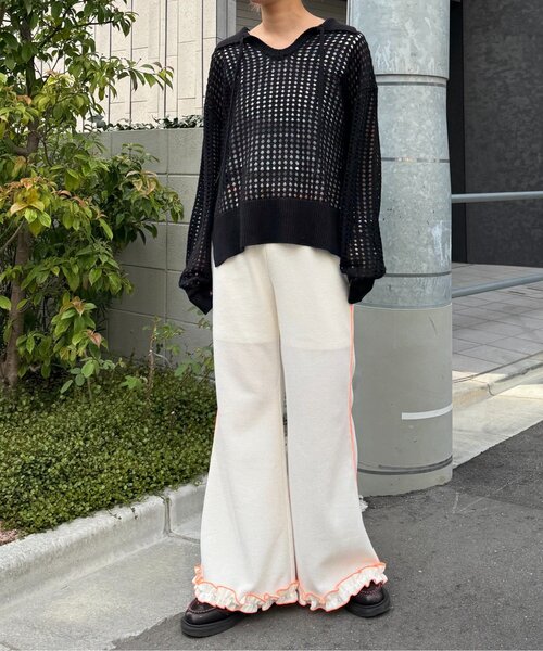 ✅️SOLOV ワッフルパンツ 裾フレア アイボリー サイズ１ マリンワイドパンツ（フルレングスパンツ） | grove（グローブ