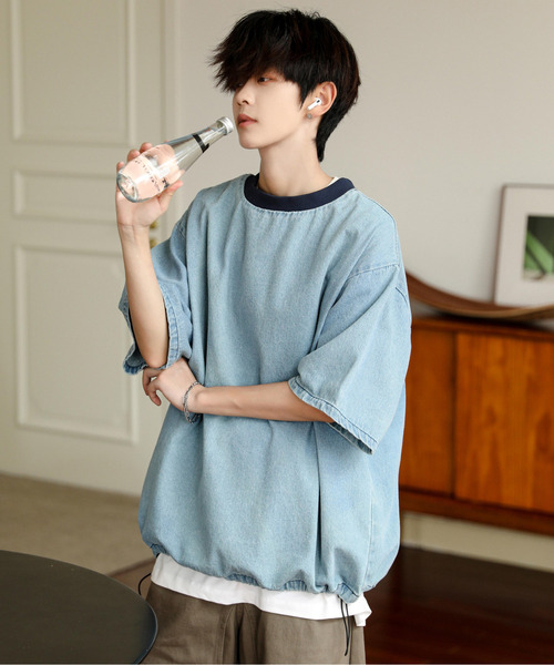 neos（ネオス）の「【neos】ルーズシルエット ビンテージライク ドローコード ハーフスリーブ デニム Tシャツ（Tシャツ/カットソー・メンズ・ブルー/ブラック/サックスブルー・MEDIUM/LARGE/X-LARGE）」の3枚目の写真