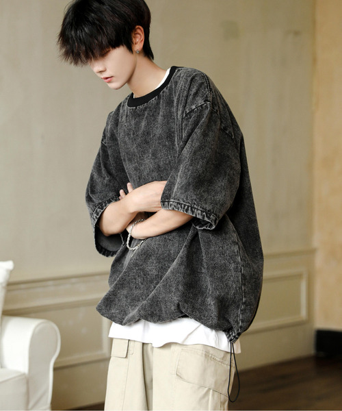 neos（ネオス）の「【neos】ルーズシルエット ビンテージライク ドローコード ハーフスリーブ デニム Tシャツ（Tシャツ/カットソー・メンズ・ブルー/ブラック/サックスブルー・MEDIUM/LARGE/X-LARGE）」の2枚目の写真