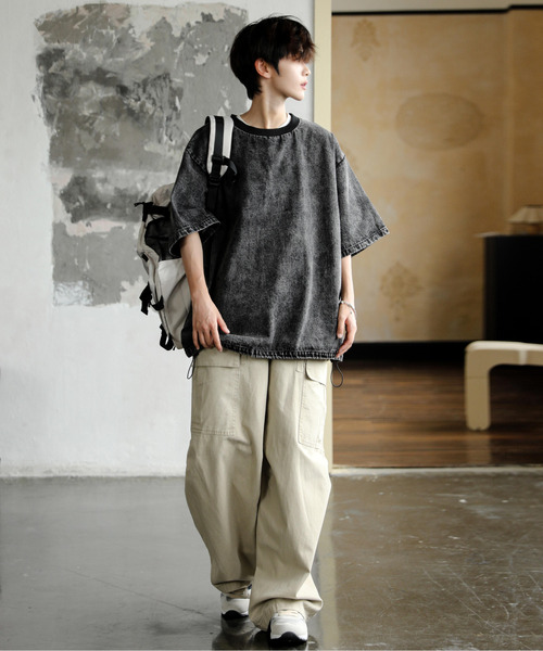 neos（ネオス）の「【neos】ルーズシルエット ビンテージライク ドローコード ハーフスリーブ デニム Tシャツ（Tシャツ/カットソー・メンズ・ブルー/ブラック/サックスブルー・MEDIUM/LARGE/X-LARGE）」の5枚目の写真