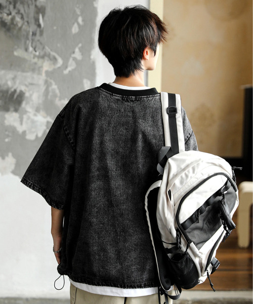 neos（ネオス）の「【neos】ルーズシルエット ビンテージライク ドローコード ハーフスリーブ デニム Tシャツ（Tシャツ/カットソー・メンズ・ブルー/ブラック/サックスブルー・MEDIUM/LARGE/X-LARGE）」の7枚目の写真