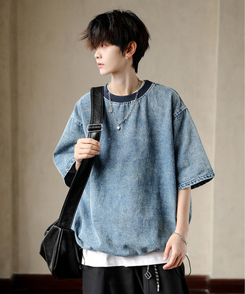 neos（ネオス）の「【neos】ルーズシルエット ビンテージライク ドローコード ハーフスリーブ デニム Tシャツ（Tシャツ/カットソー・メンズ・ブルー/ブラック/サックスブルー・MEDIUM/LARGE/X-LARGE）」の9枚目の写真