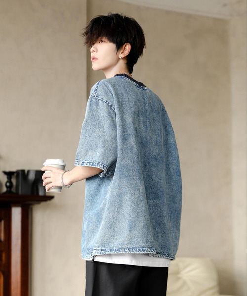 neos（ネオス）の「【neos】ルーズシルエット ビンテージライク ドローコード ハーフスリーブ デニム Tシャツ（Tシャツ/カットソー・メンズ・ブルー/ブラック/サックスブルー・MEDIUM/LARGE/X-LARGE）」の11枚目の写真