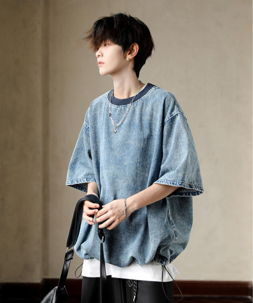 neos（ネオス）の「【neos】ルーズシルエット ビンテージライク ドローコード ハーフスリーブ デニム Tシャツ（Tシャツ/カットソー・メンズ・ブルー/ブラック/サックスブルー・MEDIUM/LARGE/X-LARGE）」の12枚目の写真