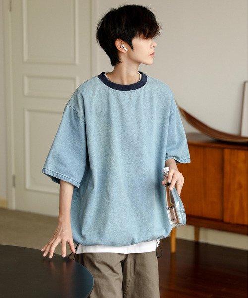 neos（ネオス）の「【neos】ルーズシルエット ビンテージライク ドローコード ハーフスリーブ デニム Tシャツ（Tシャツ/カットソー・メンズ・ブルー/ブラック/サックスブルー・MEDIUM/LARGE/X-LARGE）」の14枚目の写真