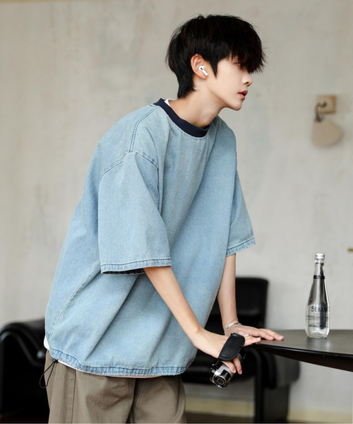 neos（ネオス）の「【neos】ルーズシルエット ビンテージライク ドローコード ハーフスリーブ デニム Tシャツ（Tシャツ/カットソー・メンズ・ブルー/ブラック/サックスブルー・MEDIUM/LARGE/X-LARGE）」の17枚目の写真
