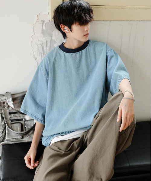 neos（ネオス）の「【neos】ルーズシルエット ビンテージライク ドローコード ハーフスリーブ デニム Tシャツ（Tシャツ/カットソー・メンズ・ブルー/ブラック/サックスブルー・MEDIUM/LARGE/X-LARGE）」の18枚目の写真