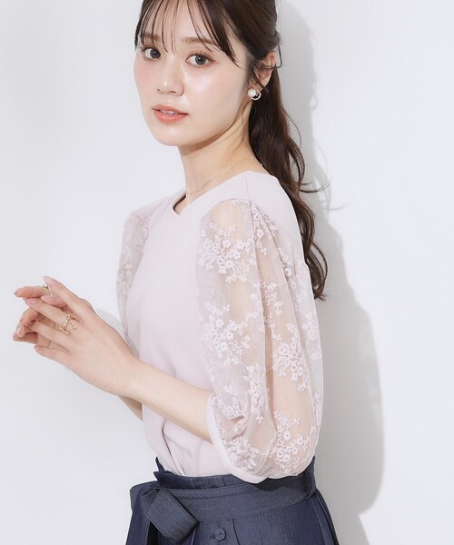 couture brooch（クチュールブローチ）の「【接触冷感・UV・マシンウォッシャブル】袖レースデザイントップス（Tシャツ/カットソー・レディース・ブラック/ピンク/オフホワイト・36/38/40/42）」の7枚目の写真