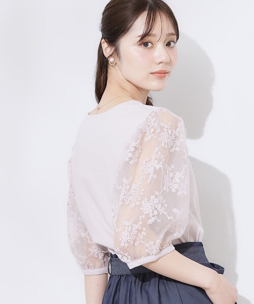 couture brooch（クチュールブローチ）の「【接触冷感・UV・マシンウォッシャブル】袖レースデザイントップス（Tシャツ/カットソー・レディース・ブラック/ピンク/オフホワイト・36/38/40/42）」の8枚目の写真