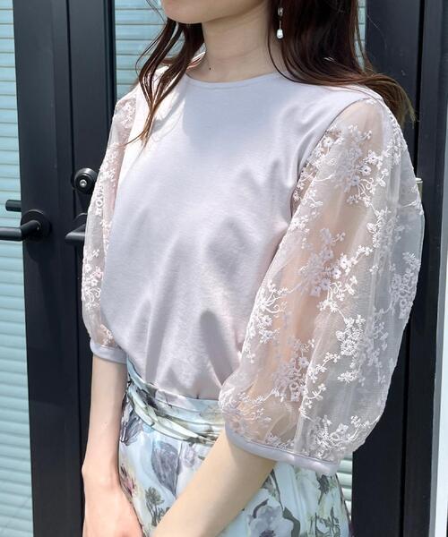 couture brooch（クチュールブローチ）の「【接触冷感・UV・マシンウォッシャブル】袖レースデザイントップス（Tシャツ/カットソー・レディース・ブラック/ピンク/オフホワイト・36/38/40/42）」の12枚目の写真